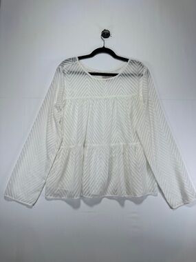 Charlie Paige Sheer Peasant Blouse White Chevron Texture Long Sleeve Boho Size L